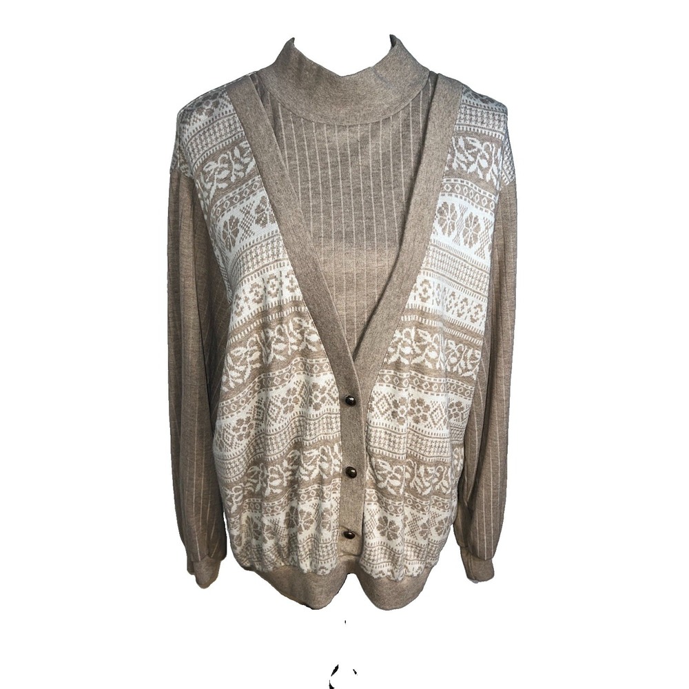 Cricket Lane Fair Isle Ribbed Tan Cream Faux Button Front Mock  Sweater 22W USA
